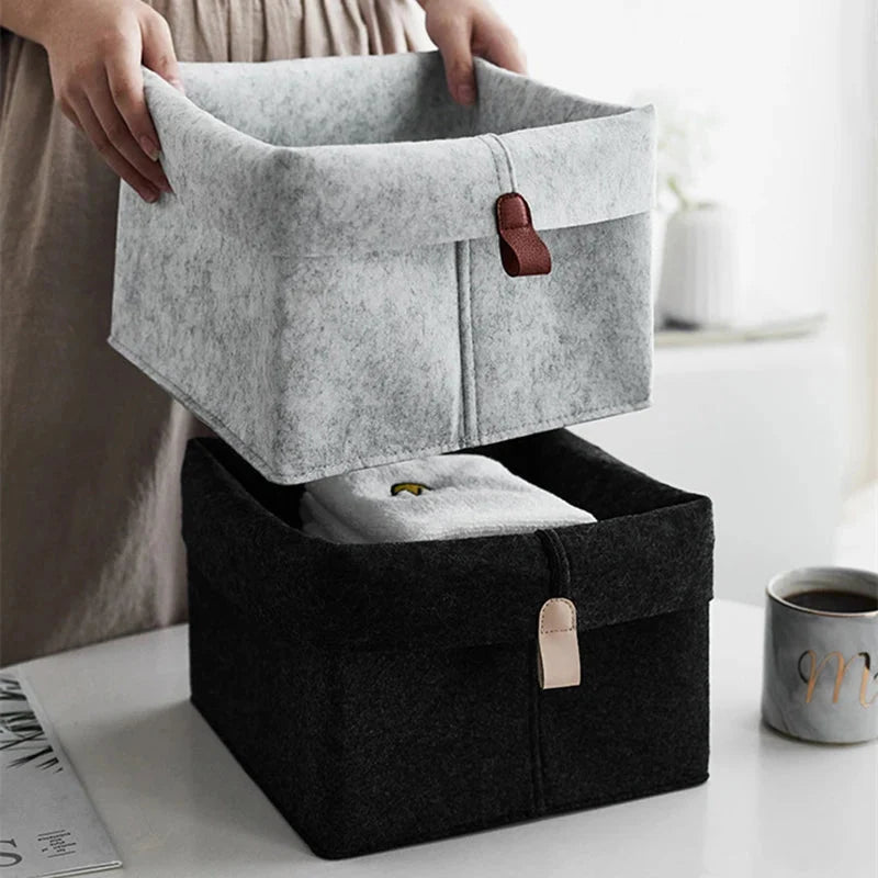 Felt Storage Box Shape-Stable Foldable Lid & Leather Handle