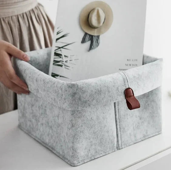Felt Storage Box Shape-Stable Foldable Lid & Leather Handle