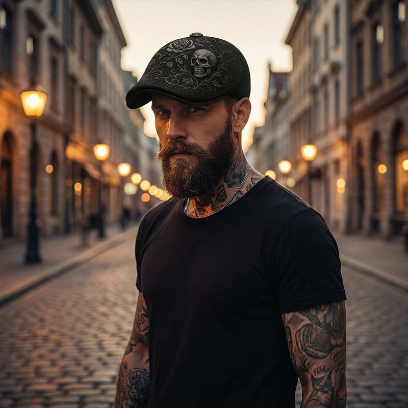 Flat Cap Gothic Skull Embroidery Sun Protective Visor