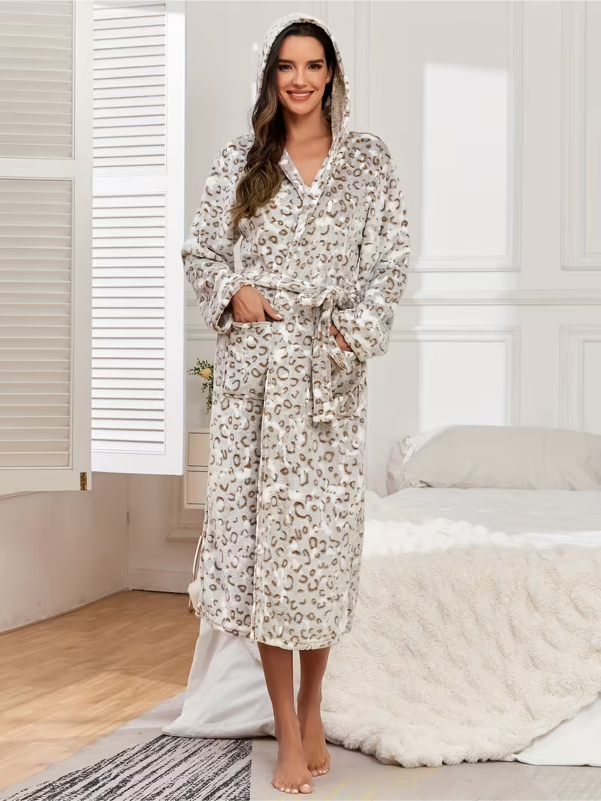 Fleece Robe Hooded Ultra-Soft Leopard Print
