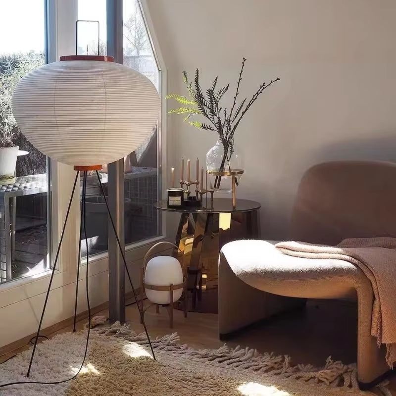 Floor Lamp Rice Paper Shade Metal Tripod Adjustable Color Temperature