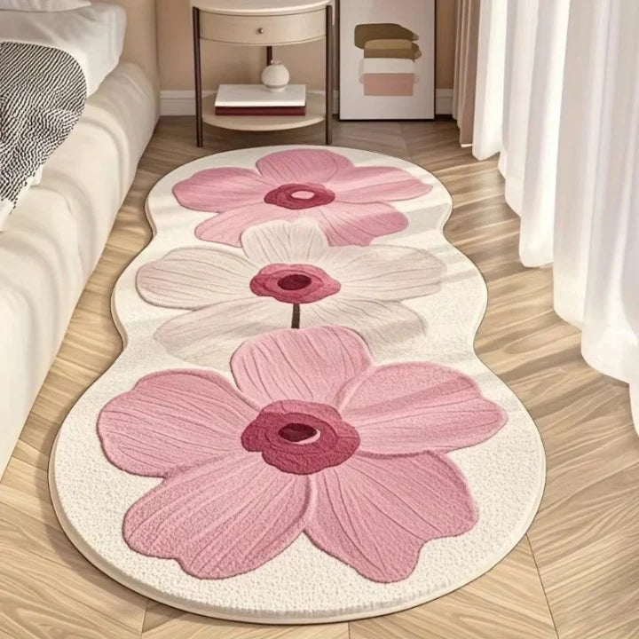 Floral Area Rug Irregular Shape Soft Polyester Non-Slip Backing