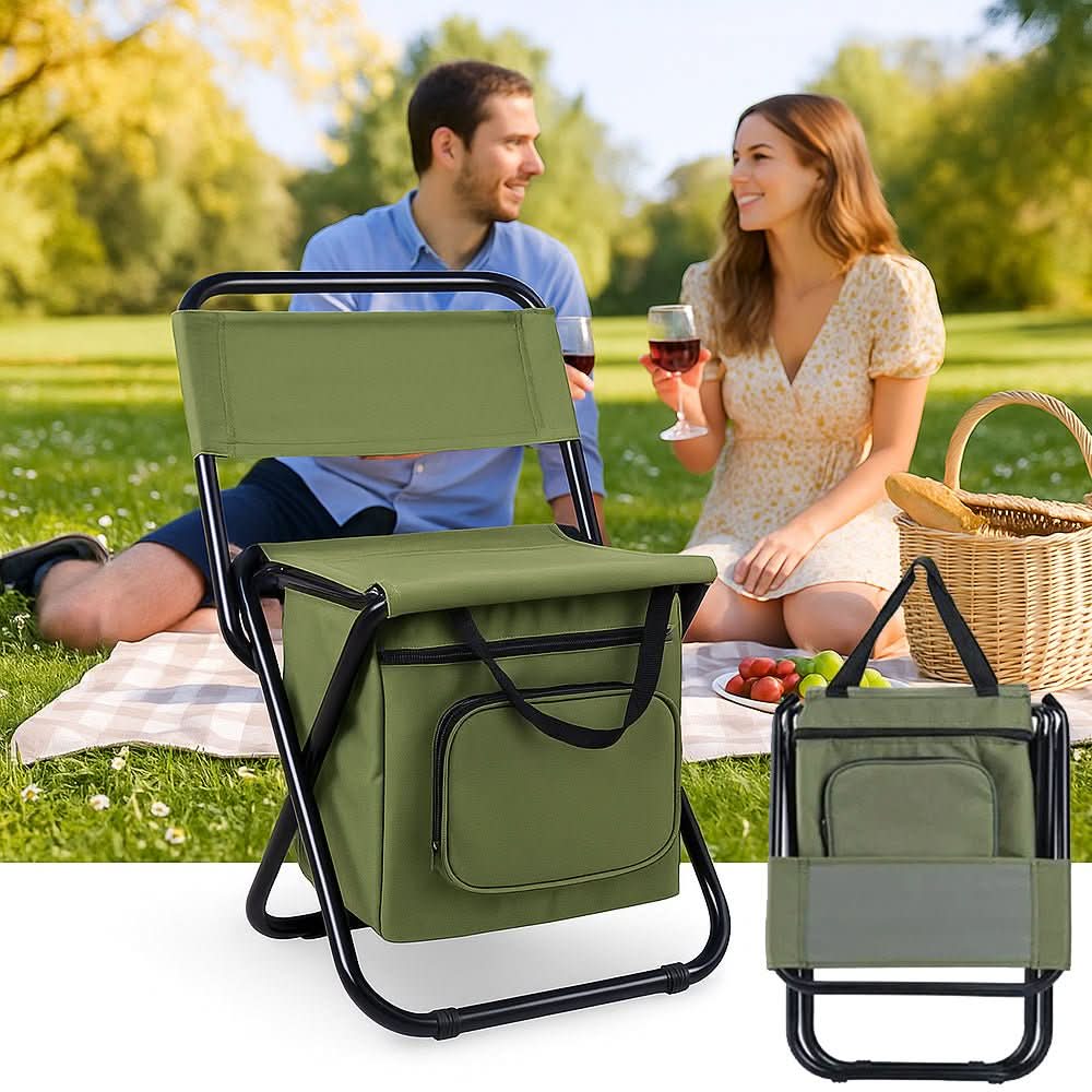 Folding Camping Chair Built-In Cooler Bag Steel Frame