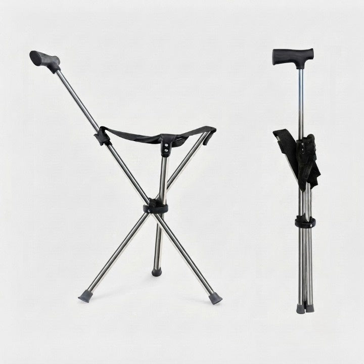 Folding Walking Cane Tripod Seat Stainless Steel 330 lb