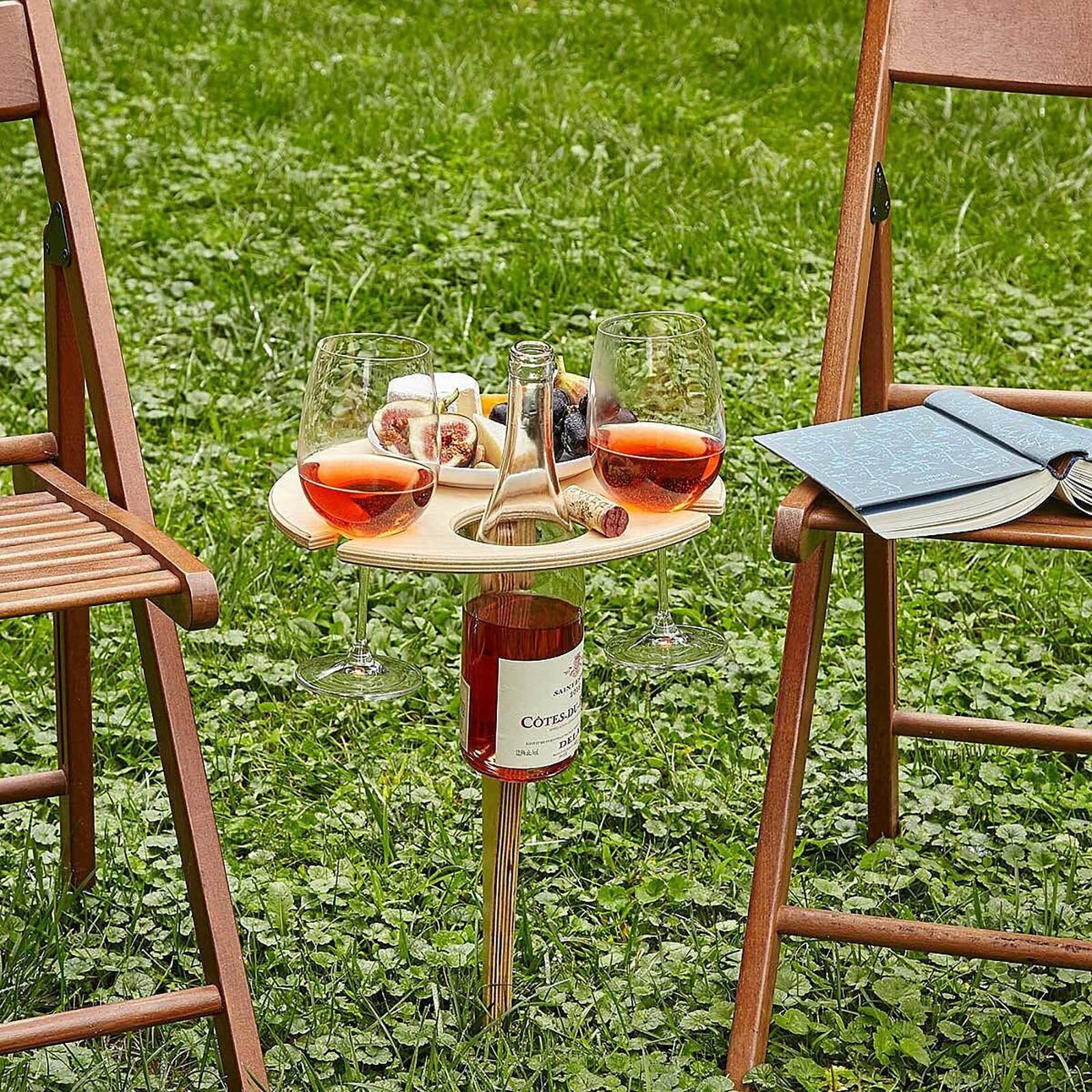 Folding Wine Table Wooden Bottle & 2 Glass Holders