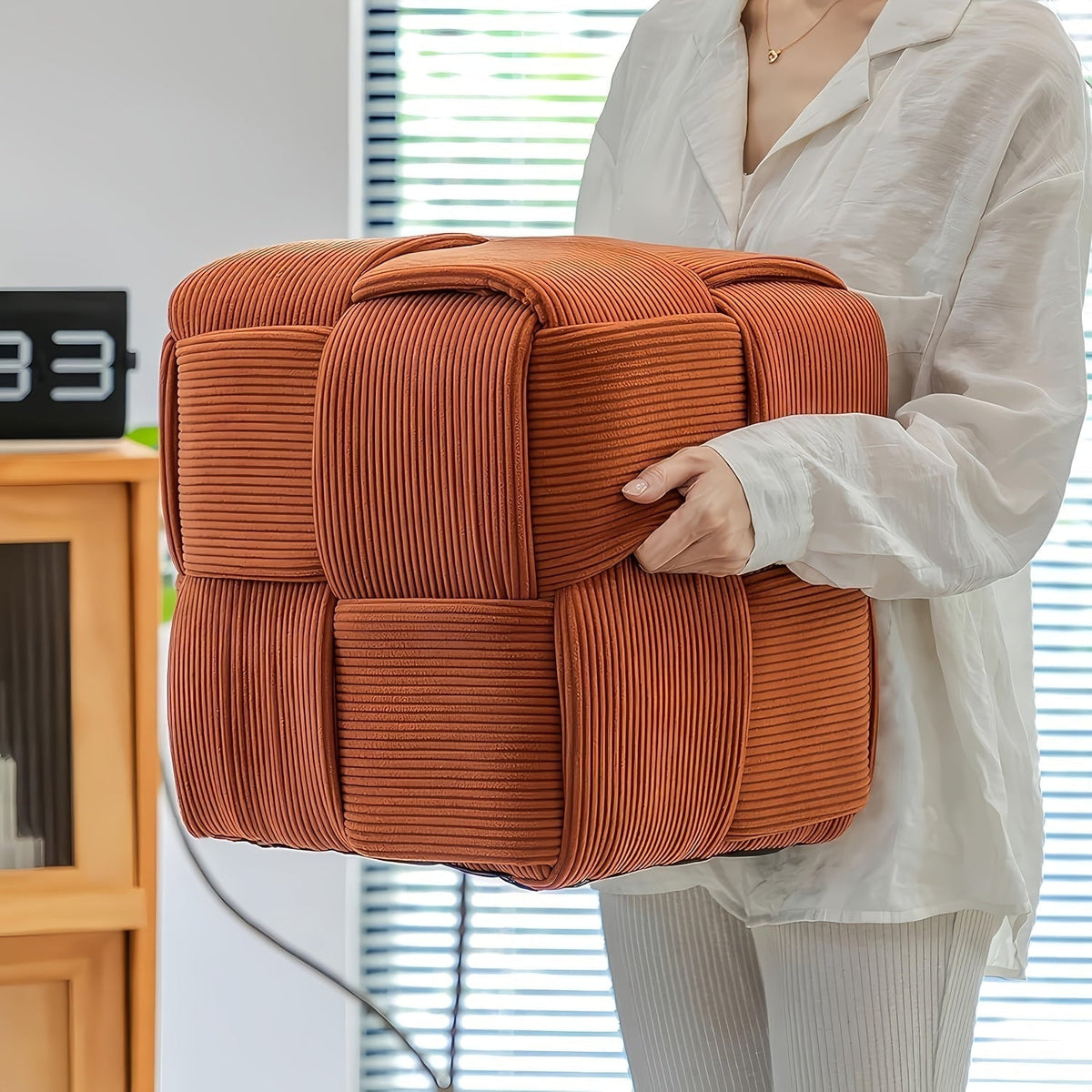 Footstool Corduroy Upholstered Foam-Filled Compact Size