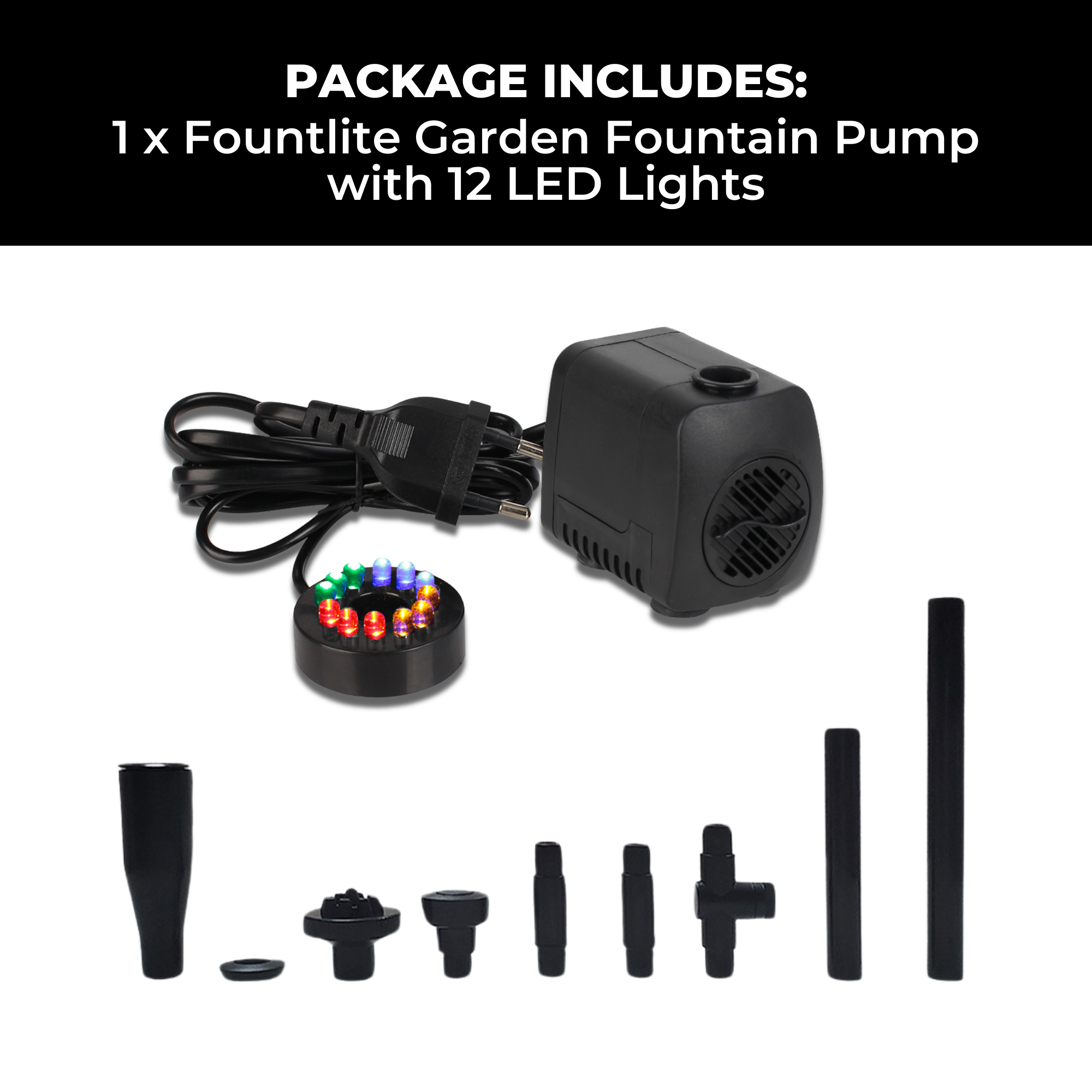 Fountain Pump 12 LED Lights Adjustable Flow Quiet Operation