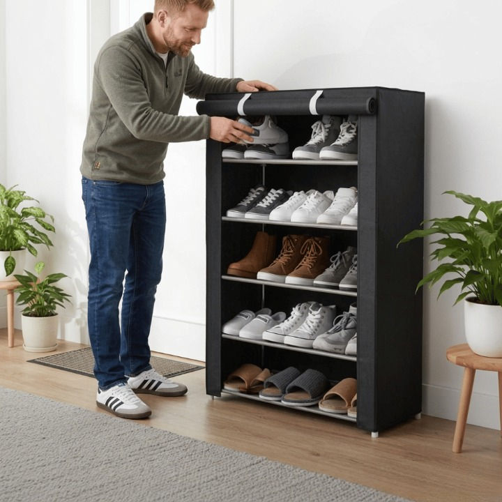 Freestanding Shoe Cabinet Tool-Free Assembly Steel Frame & Breathable Cover