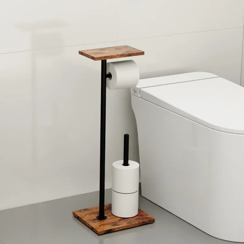 Freestanding Toilet Paper Holder Wood-Look Shelf & Weighted Base