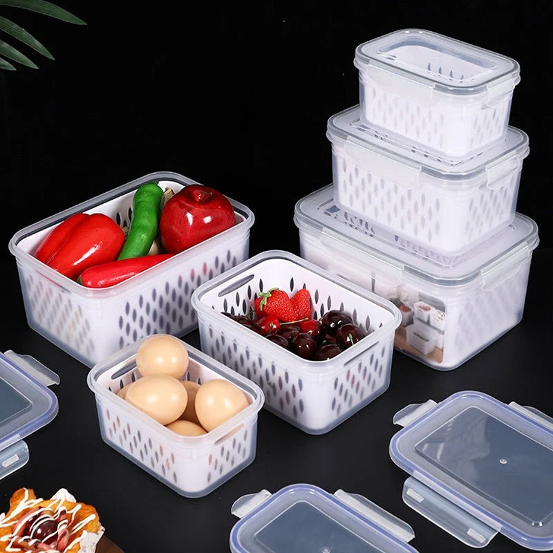 Fridge Storage Box Set Airtight Integrated Drain Stackable