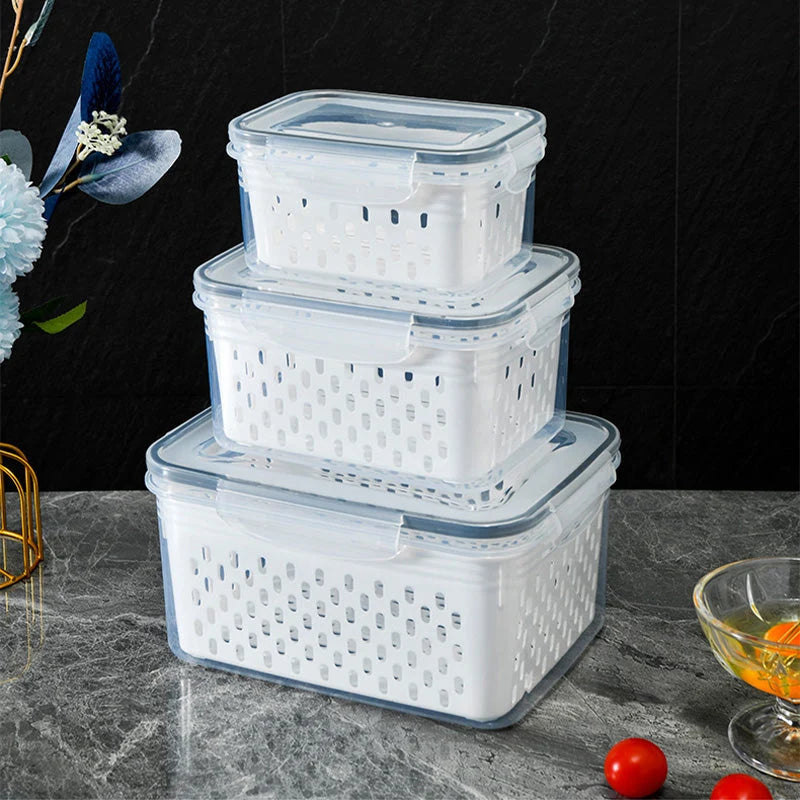 Fridge Storage Box Set Airtight Integrated Drain Stackable