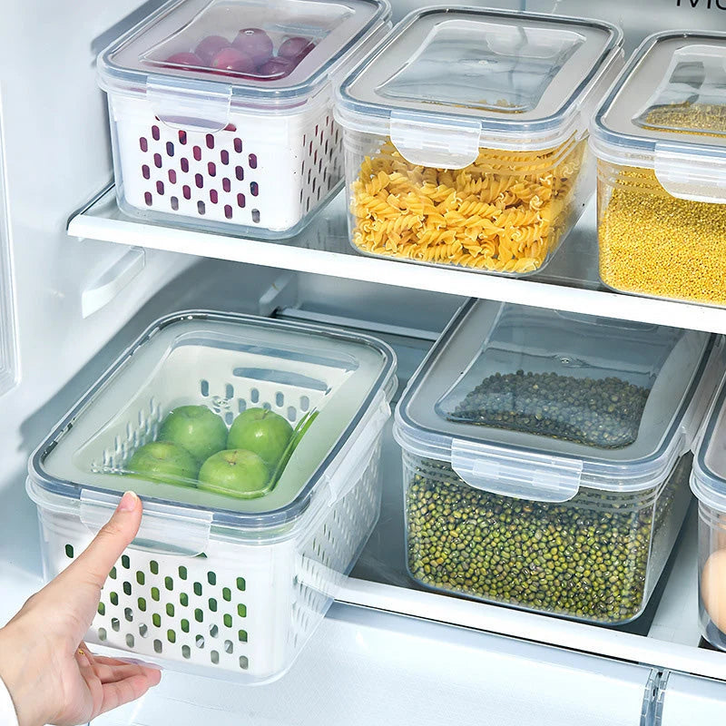 Fridge Storage Box Set Airtight Integrated Drain Stackable