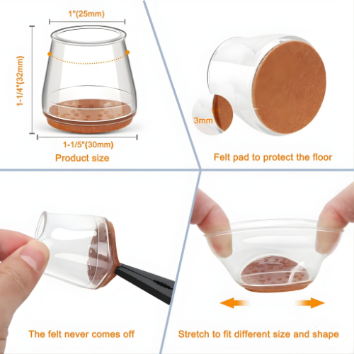 Furniture Leg Protectors Clear Stretch Silicone & Felt Pads