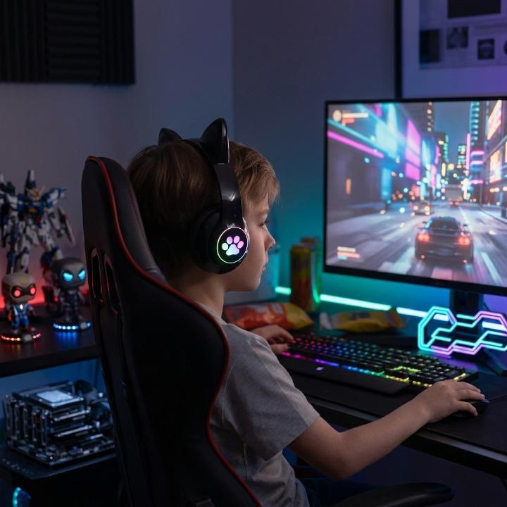 Gaming Headset Cat Ear RGB Lighting 360° Rotatable Mic