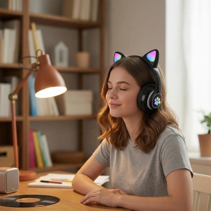 Gaming Headset Cat Ear RGB Lighting 360° Rotatable Mic