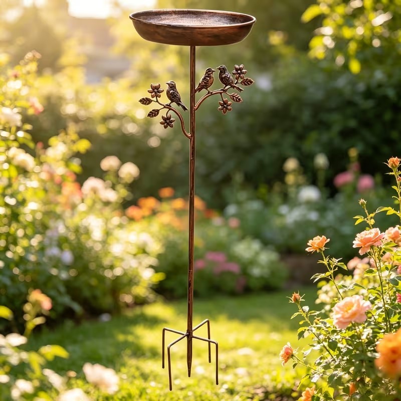 Garden Bird Bath Copper-Look Metal Weatherproof Ground Spike
