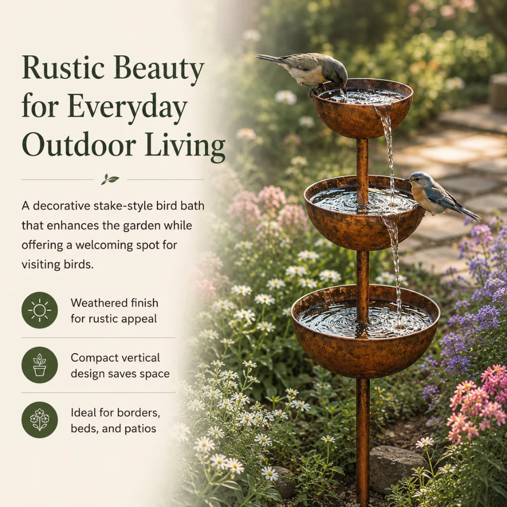Garden Bird Bath Iron 3-Tier Freestanding