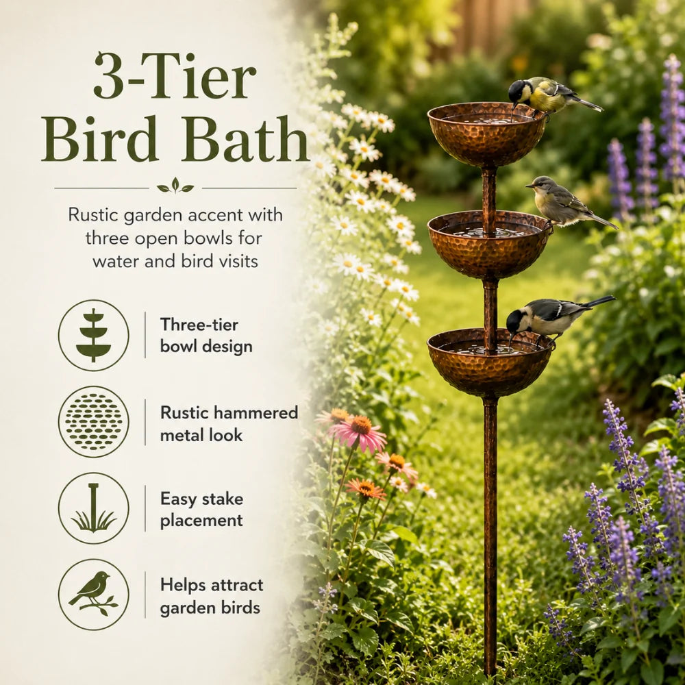 Garden Bird Bath Iron 3-Tier Freestanding