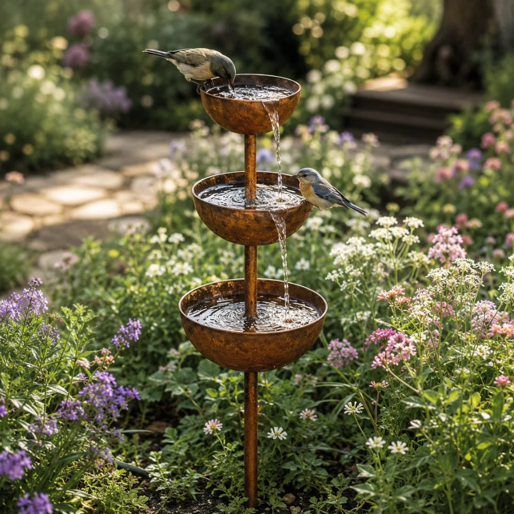 Garden Bird Bath Iron 3-Tier Freestanding