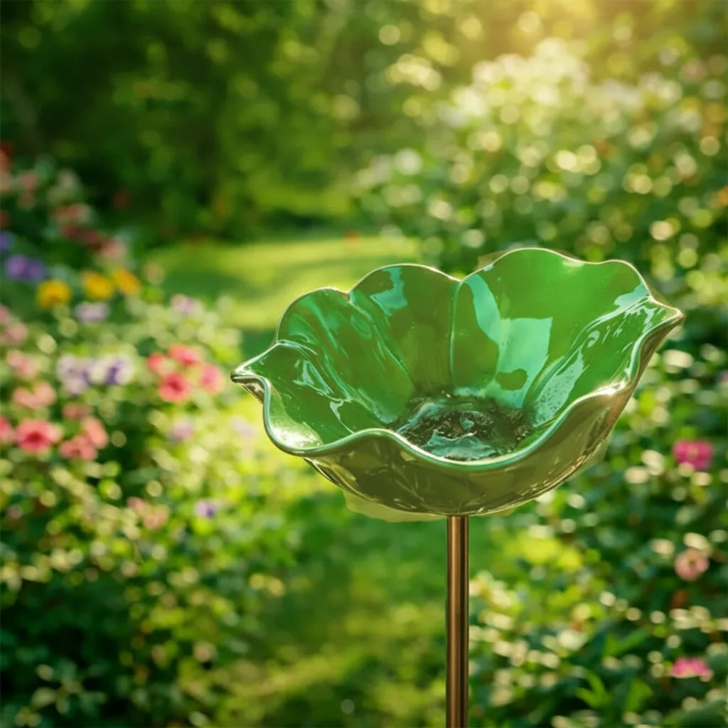 Garden Bird Bath Stake Poppy Blossom Weather-Resistant Metal