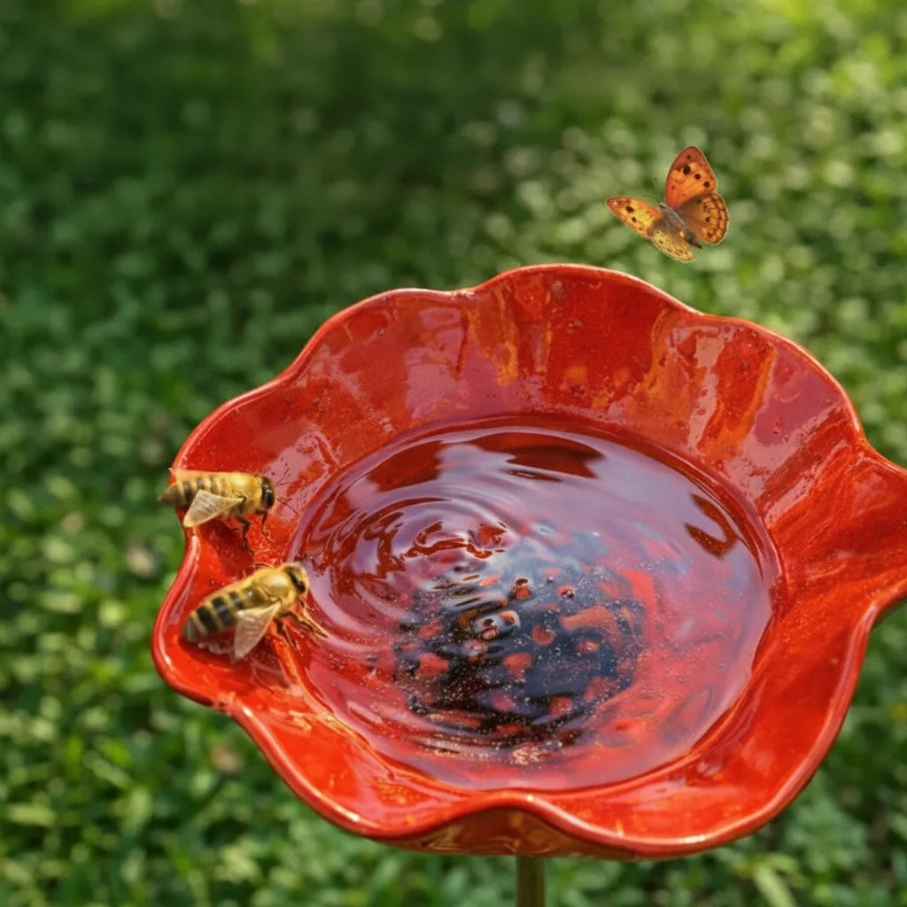 Garden Bird Bath Stake Poppy Blossom Weather-Resistant Metal