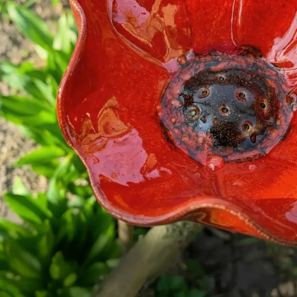 Garden Bird Bath Stake Poppy Blossom Weather-Resistant Metal