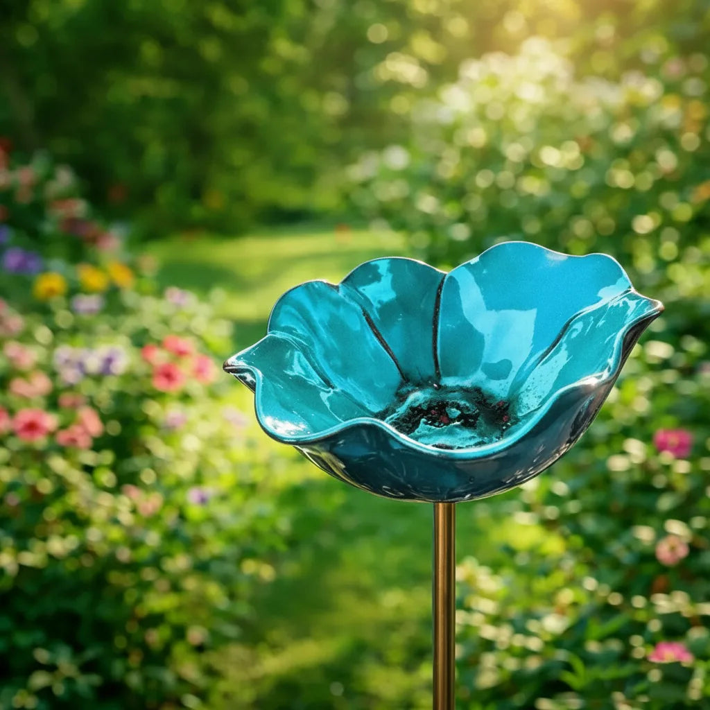 Garden Bird Bath Stake Poppy Blossom Weather-Resistant Metal