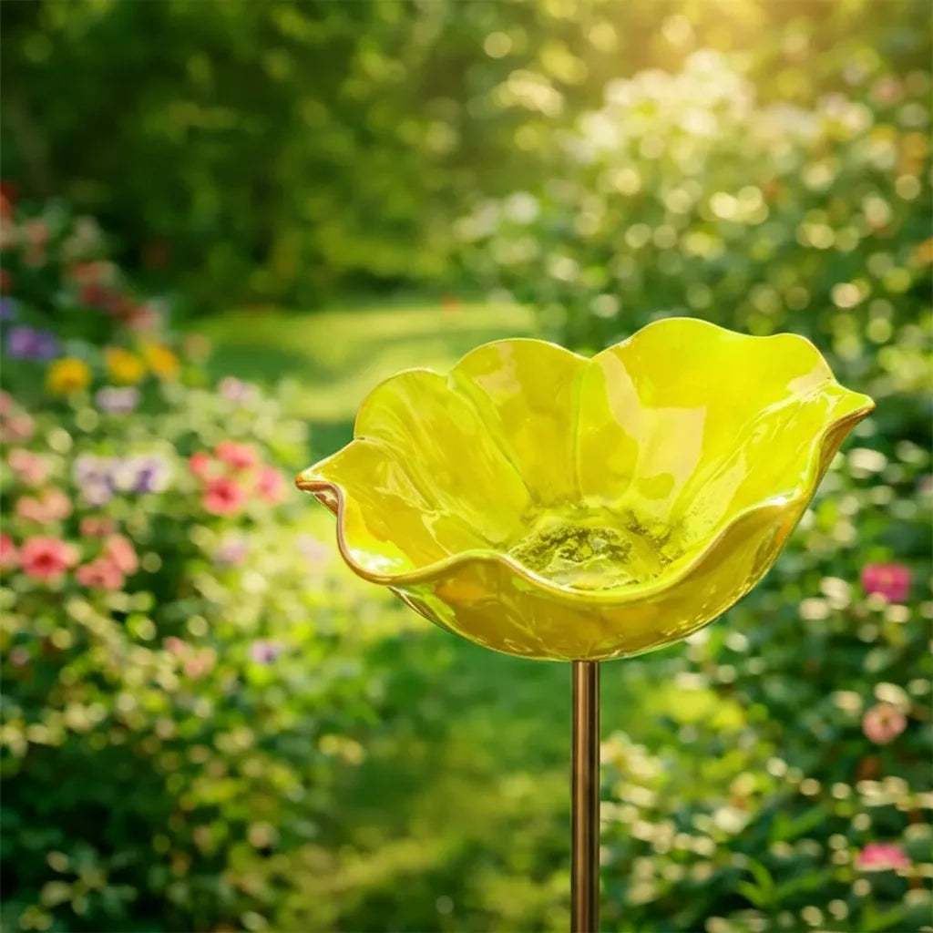 Garden Bird Bath Stake Poppy Blossom Weather-Resistant Metal