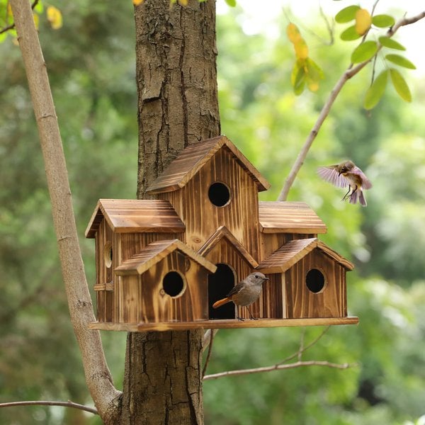 Garden Birdhouse Natural Wood 6 Entrances Weatherproof