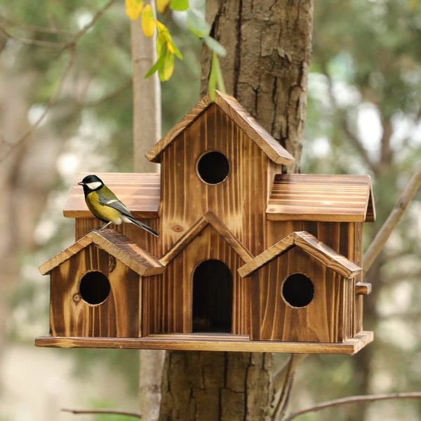 Garden Birdhouse Natural Wood 6 Entrances Weatherproof