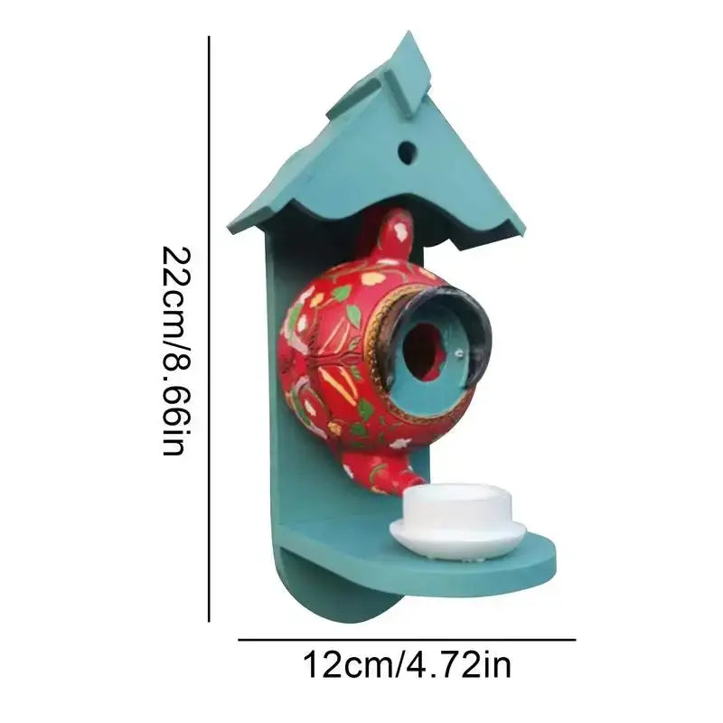 Garden Birdhouse Teapot Design Hand-Painted Weather-Resistant Resin