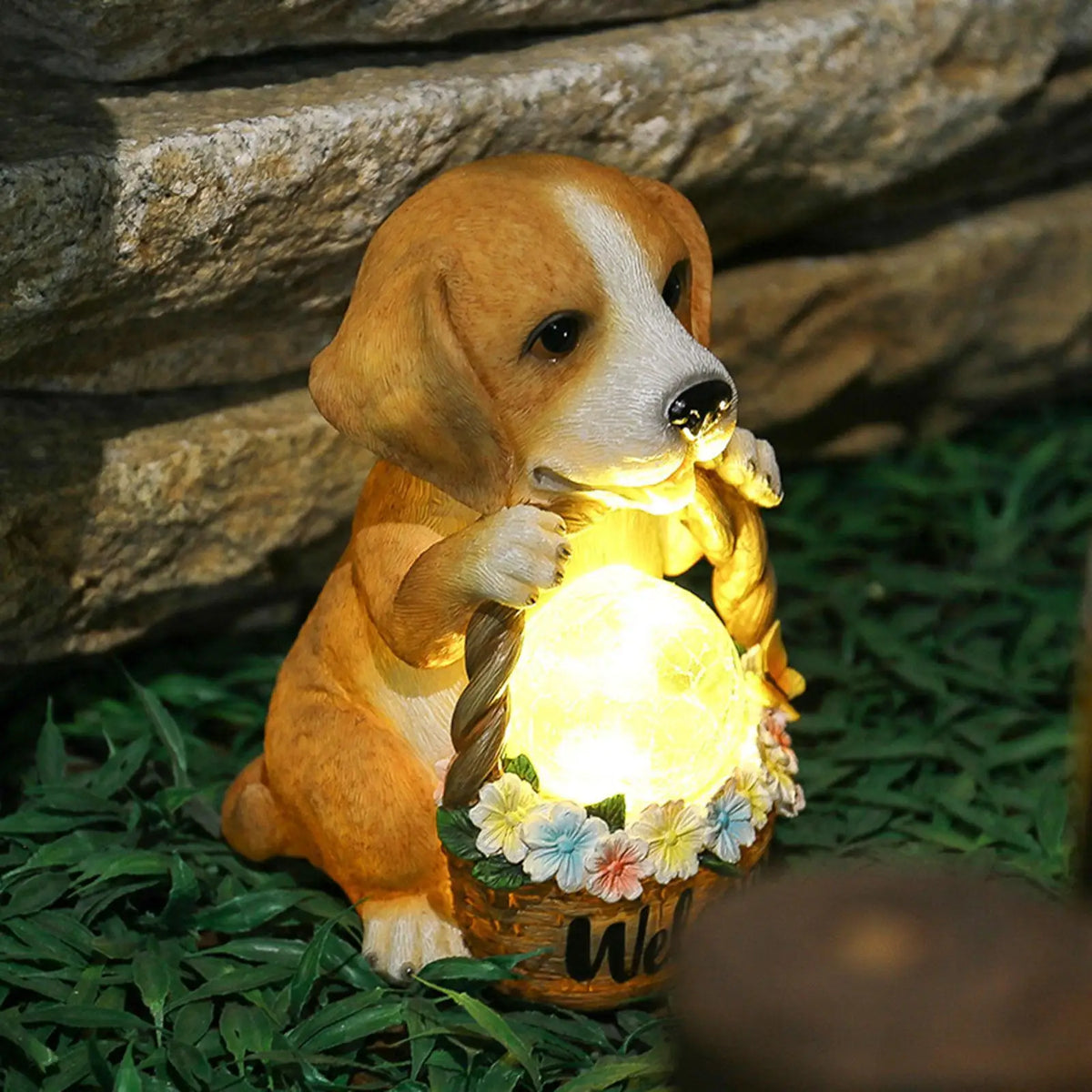 Garden Dog Sculpture Solar-Powered Warm White LED Weatherproof Resin