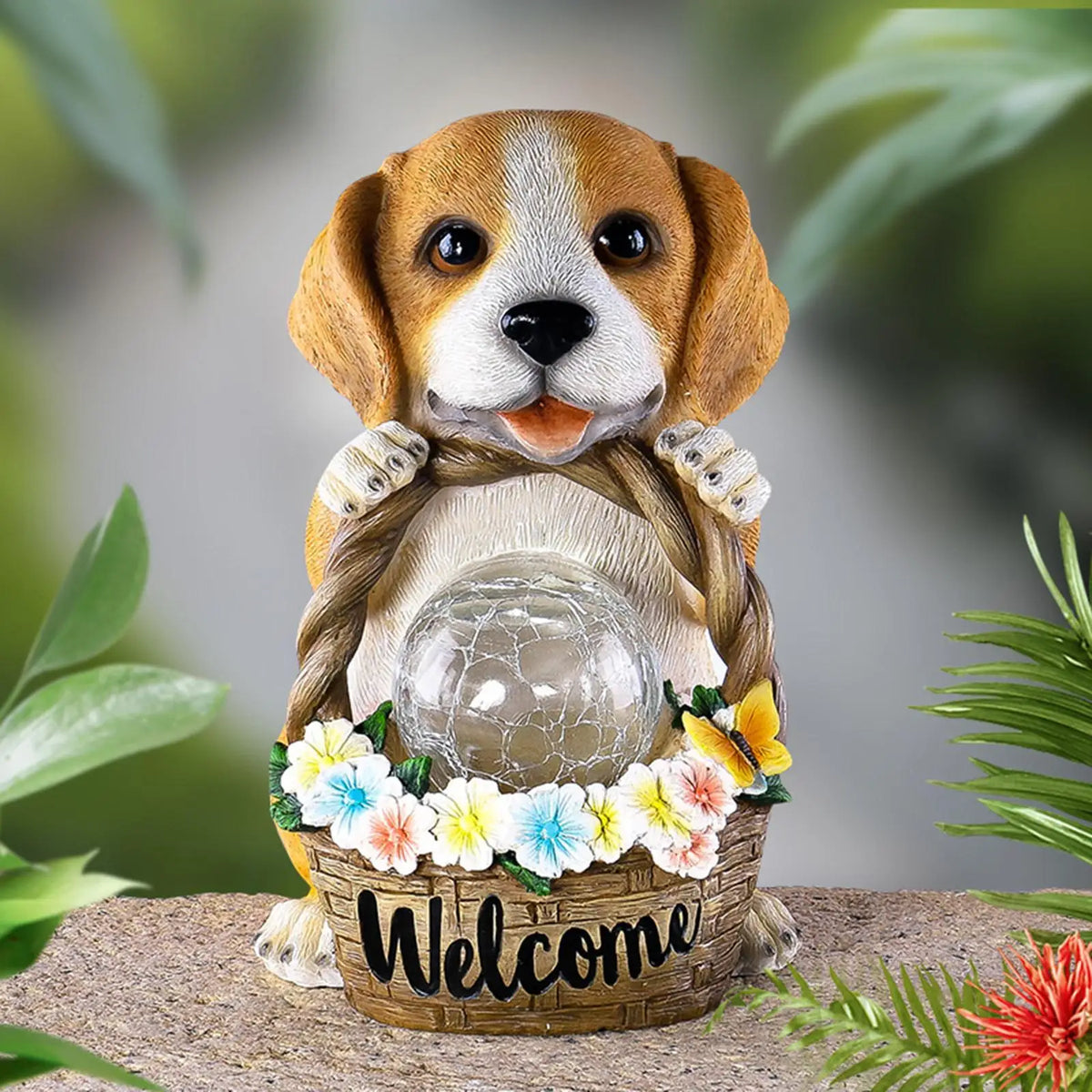 Garden Dog Sculpture Solar-Powered Warm White LED Weatherproof Resin