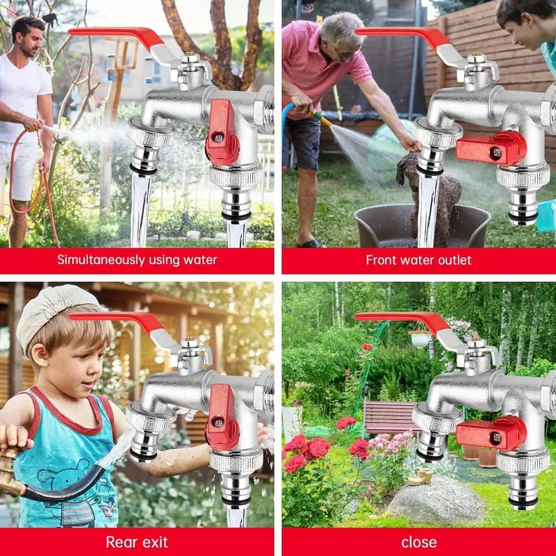 Garden Faucet Dual Outlets Independent Valves Stainless Steel