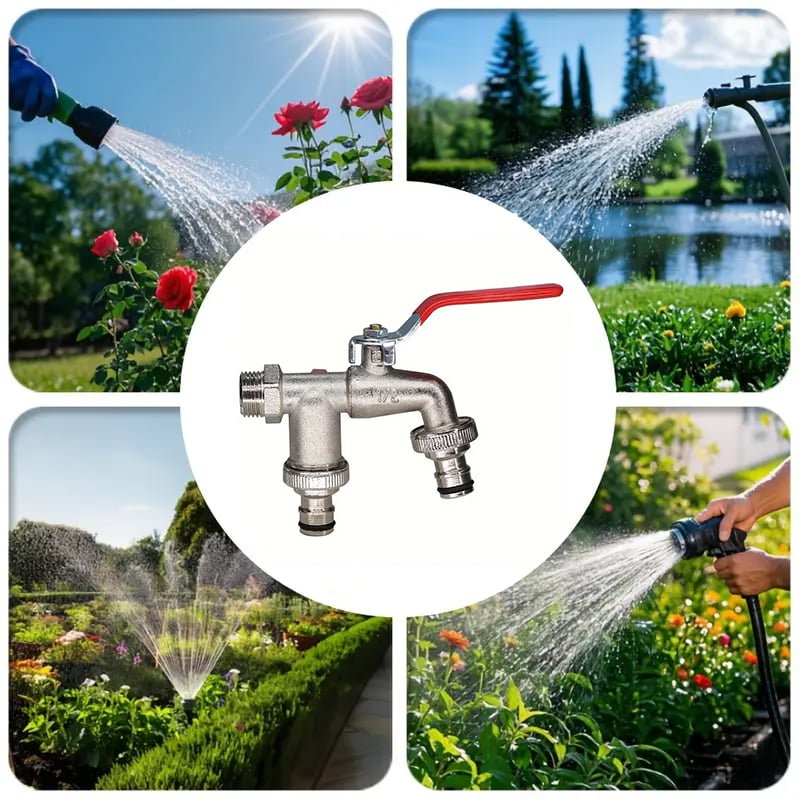 Garden Faucet Dual Outlets Independent Valves Stainless Steel