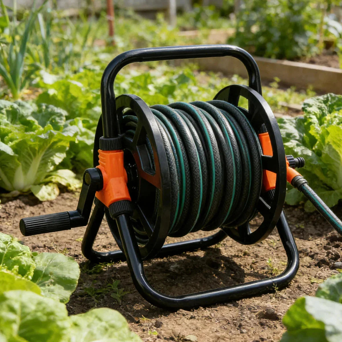 Garden Hose Reel Freestanding Crank Handle Integrated Hose Guide
