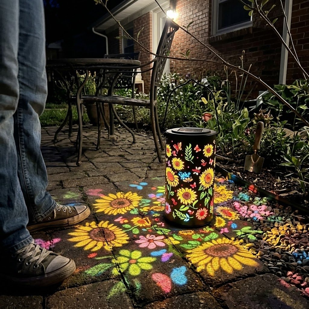 Garden Lantern Solar Powered Floral Projection Weatherproof Metal