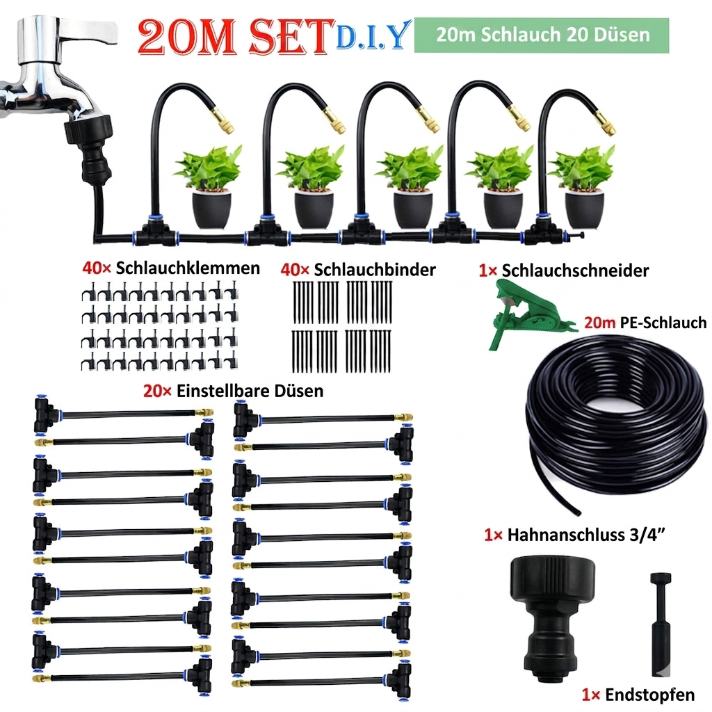 Garden Misting System 20m Hose Brass Nozzles & Quick-Connect