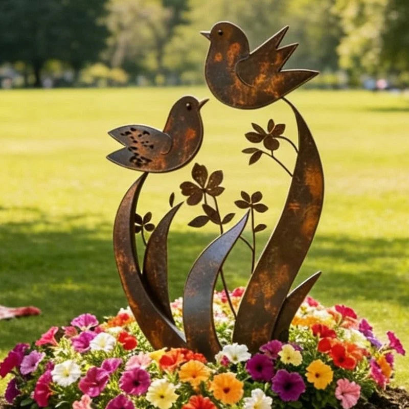 Garden Stake Bird & Blossom Iron Rust Brown Patina
