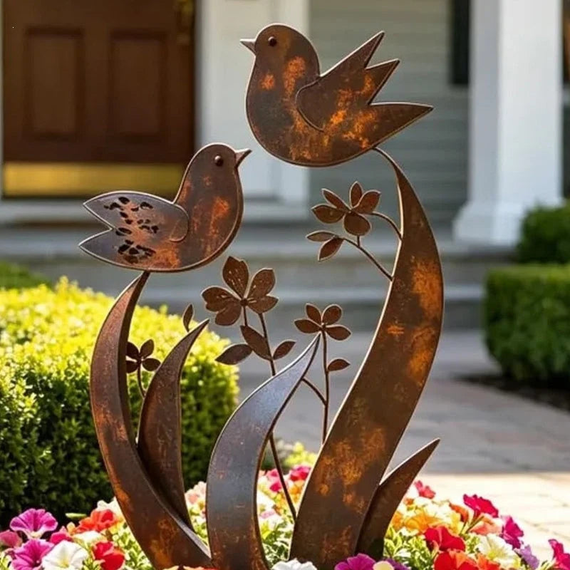 Garden Stake Bird & Blossom Iron Rust Brown Patina