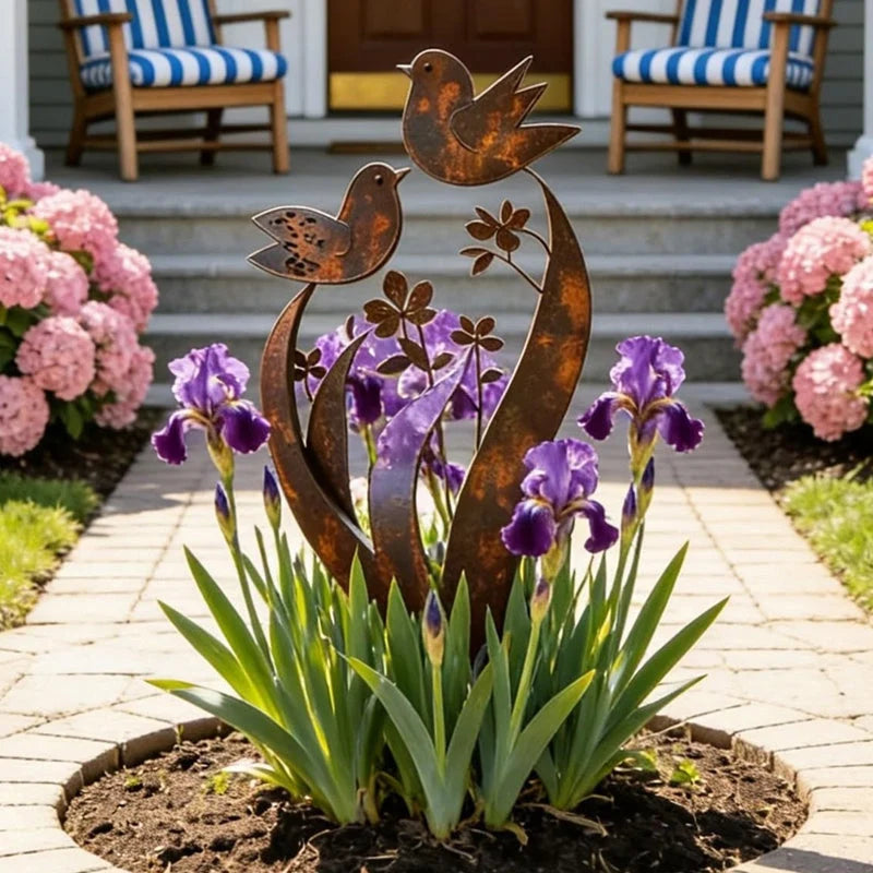 Garden Stake Bird & Blossom Iron Rust Brown Patina