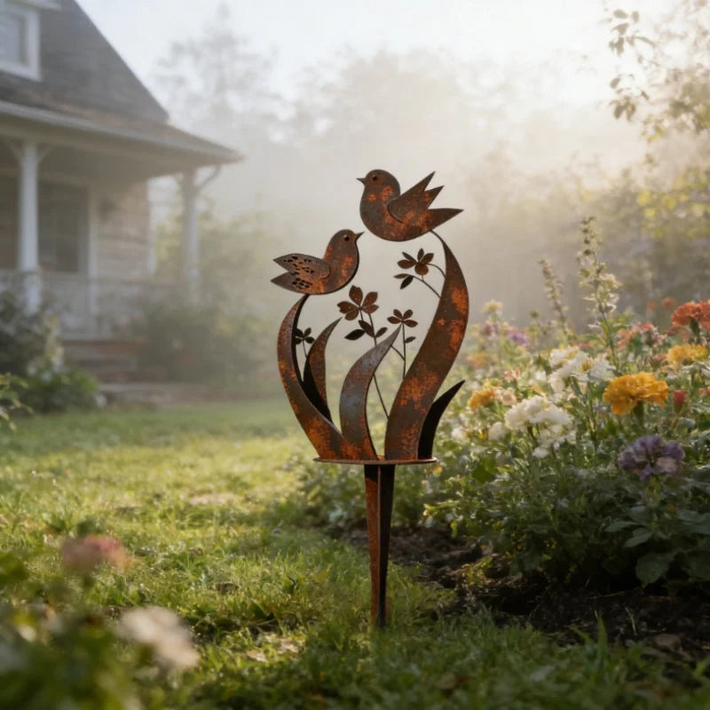 Garden Stake Bird & Blossom Iron Rust Brown Patina