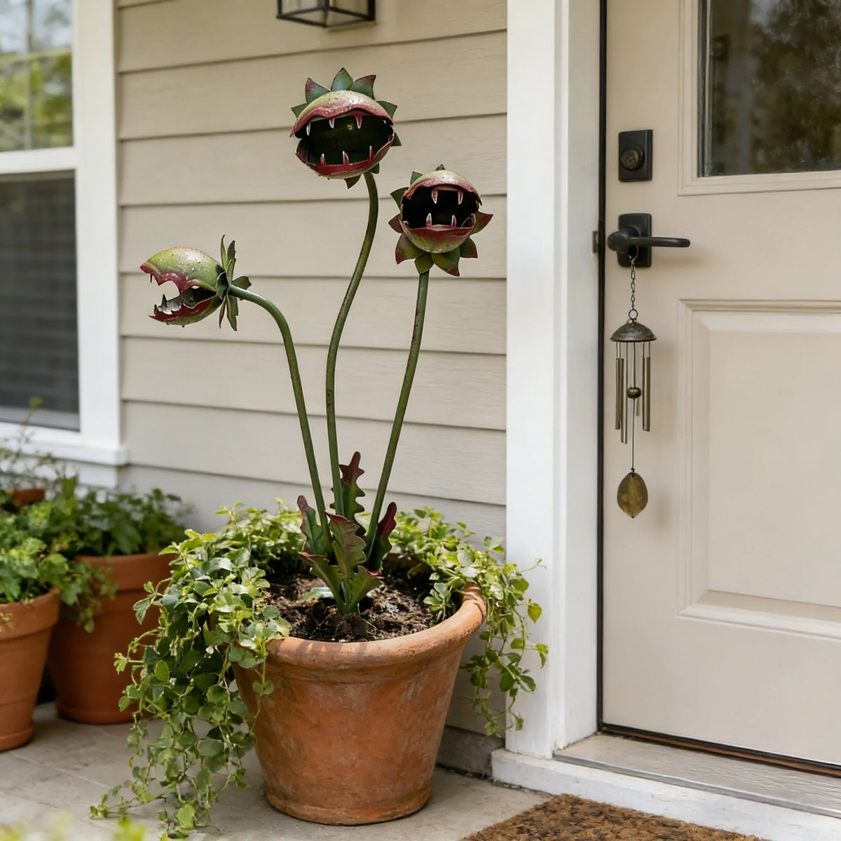 Garden Stake Carnivorous Plant Design Weather-Resistant Metal