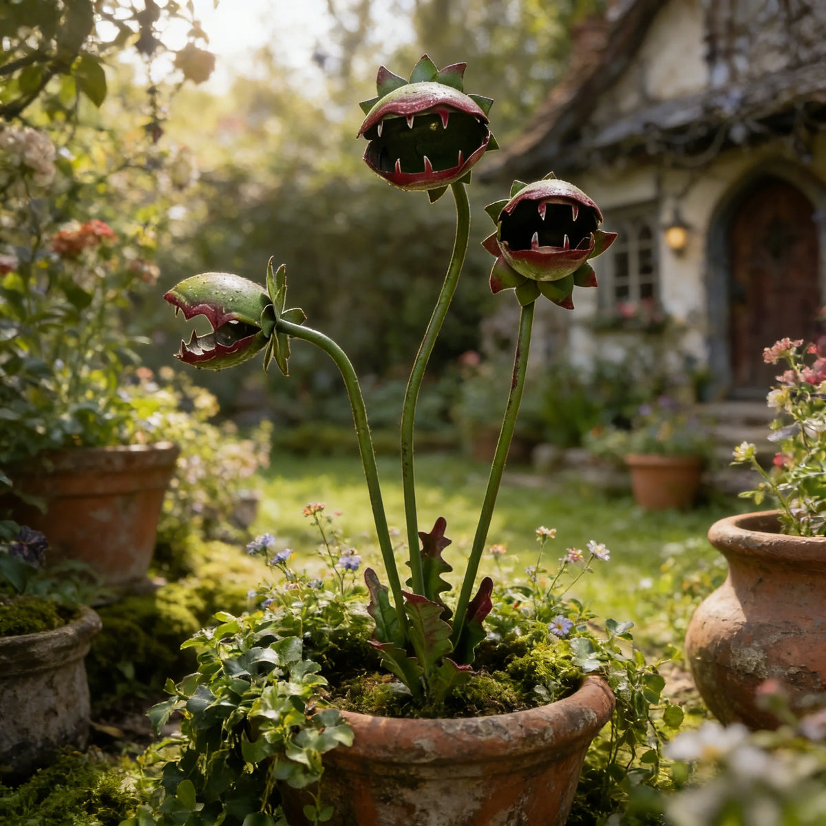 Garden Stake Carnivorous Plant Design Weather-Resistant Metal