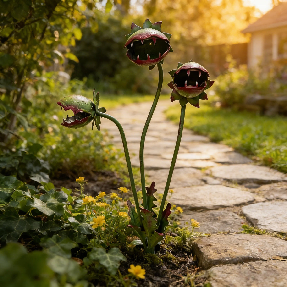 Garden Stake Carnivorous Plant Design Weather-Resistant Metal