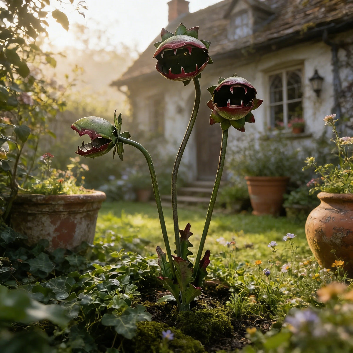 Garden Stake Carnivorous Plant Design Weather-Resistant Metal
