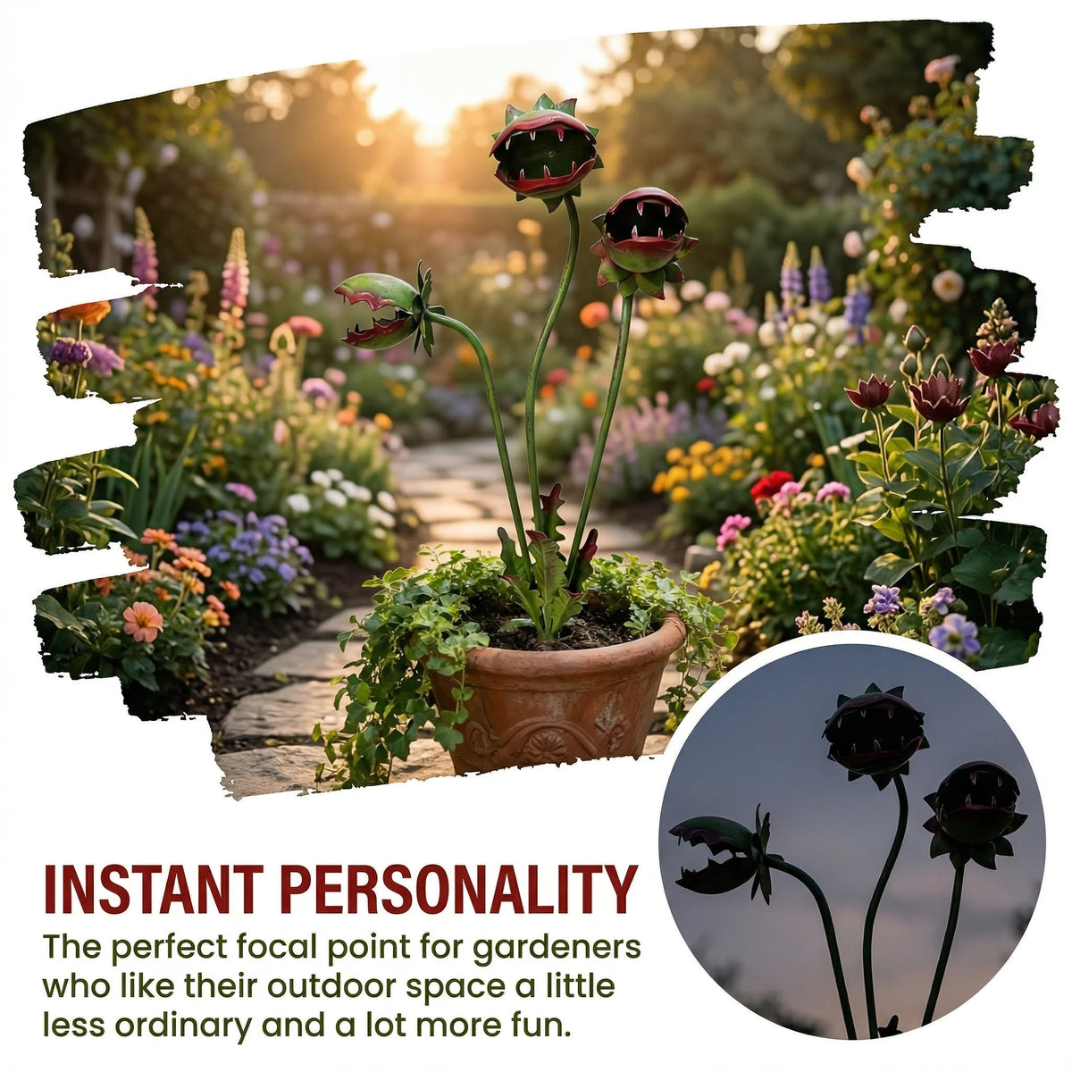 Garden Stake Carnivorous Plant Design Weather-Resistant Metal