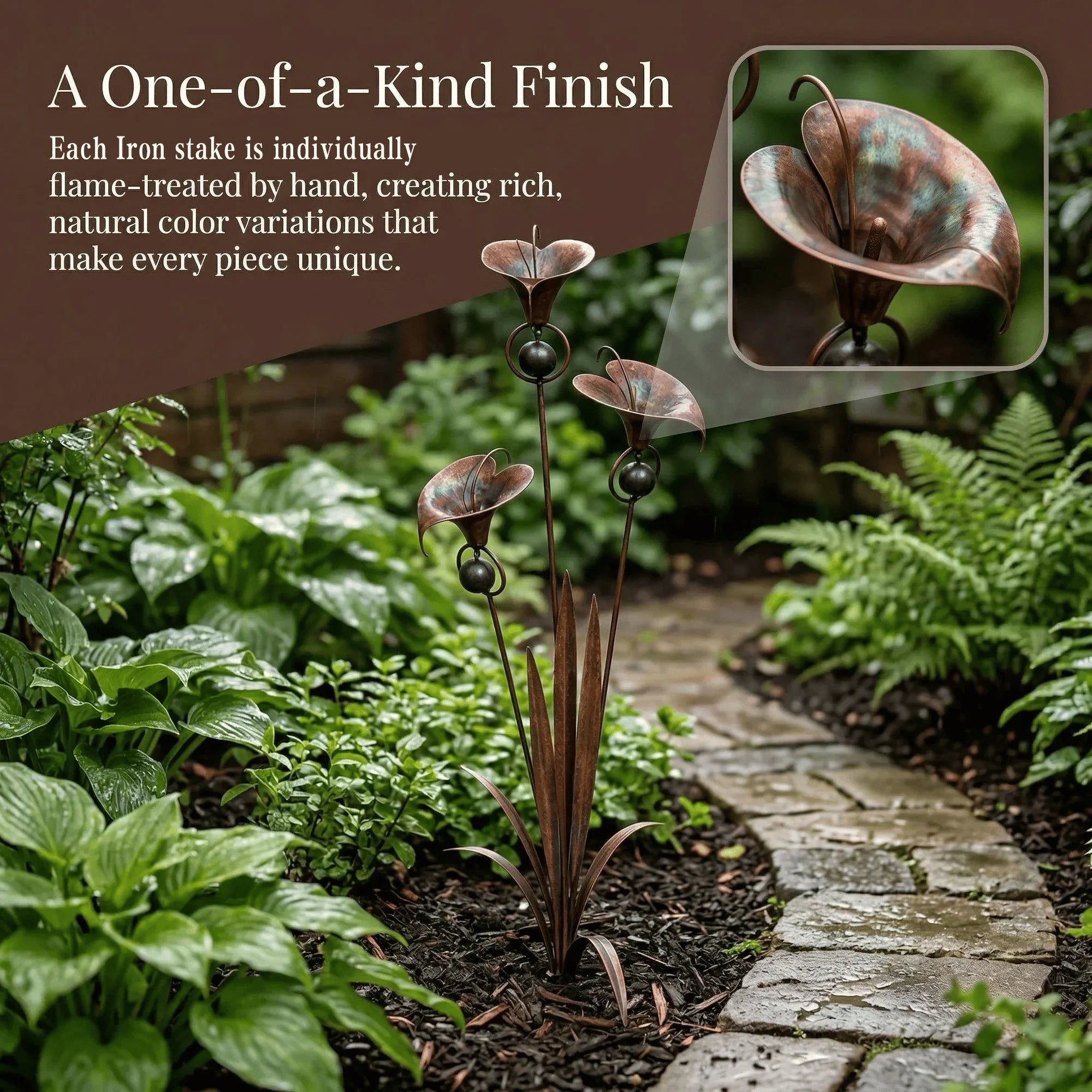 Garden Stake Three Calla Lilies Copper Finish With Bells