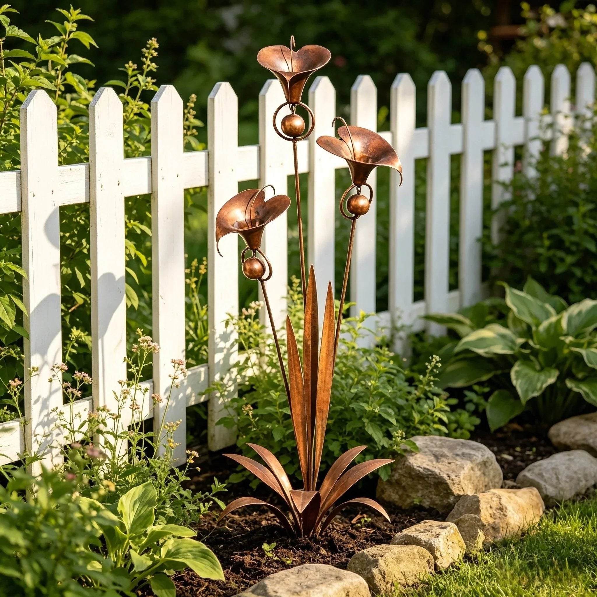 Garden Stake Three Calla Lilies Copper Finish With Bells