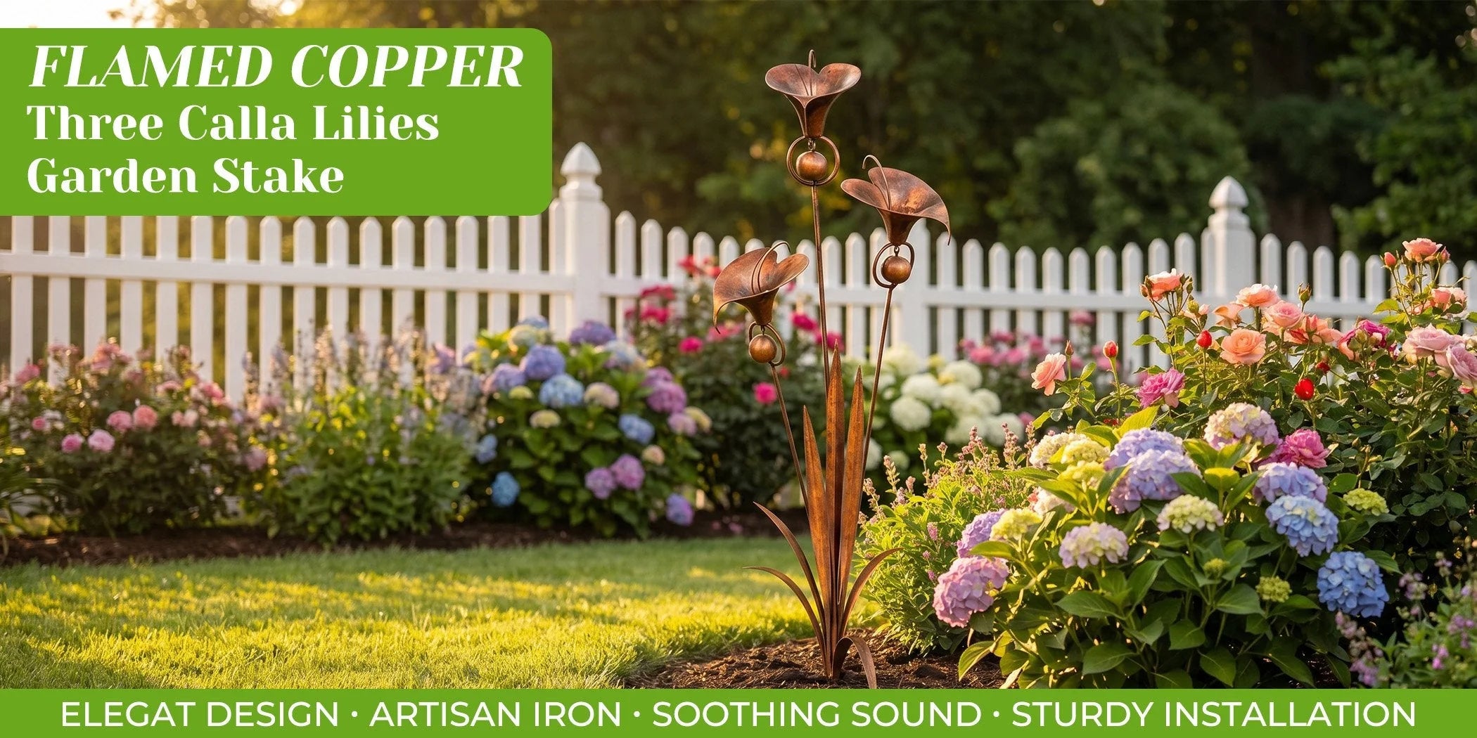 Garden Stake Three Calla Lilies Copper Finish With Bells
